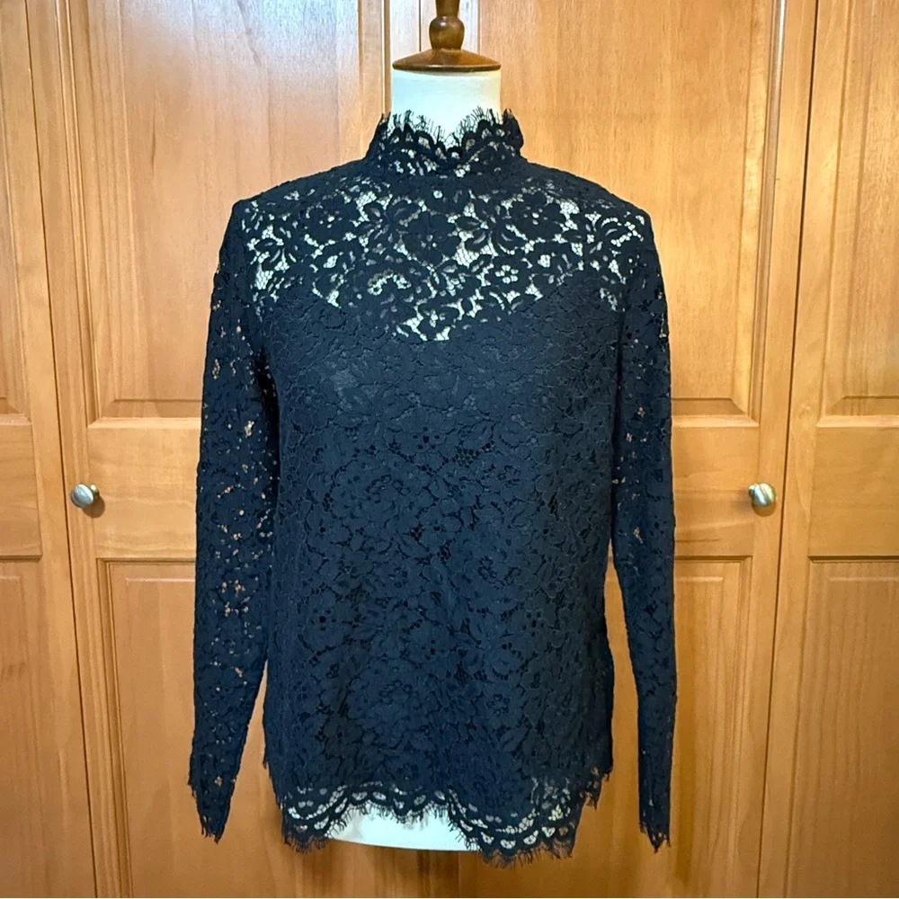 J Crew Black Lace Mock Neck Top